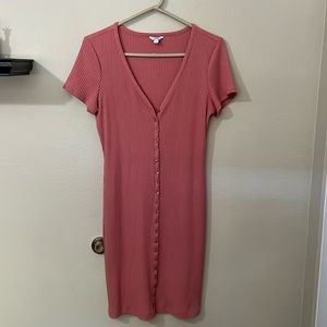 GUESS Pink Ribbed Dress, Short Sleeve, V-Neck line, Size L